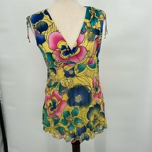 Bisou Bisou Womens Y2K Babydoll‎ Top Size Petite Small Floral Bloomcore Sheer